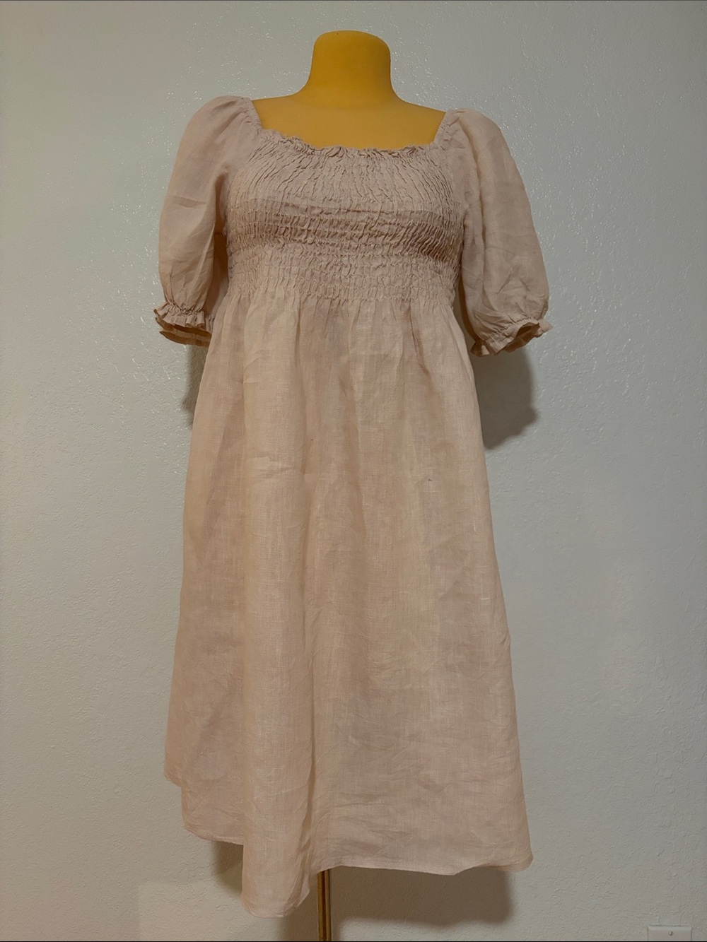 Bellambra 100% Linen Smocked Square Neck Midi Dress Puff Sleeve Babydoll Large